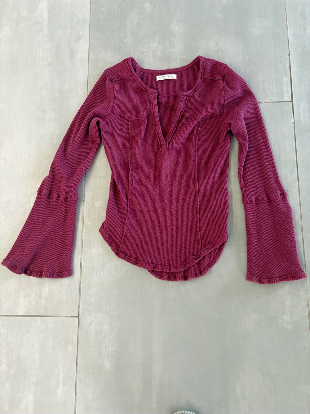 Free People Flared Sleeve Waffle Knit Top in Wine